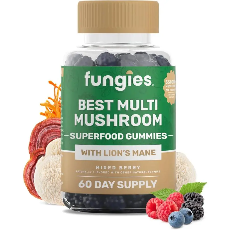 Fungies Multi Mushroom Gummies - 60 count - Mixed Berry Flavor - with Lion's Mane, Reishi, Cordyceps, Chaga, Shiitake, Maitake & Turkey Tail - Vegan, Non-GMO & Gluten Free