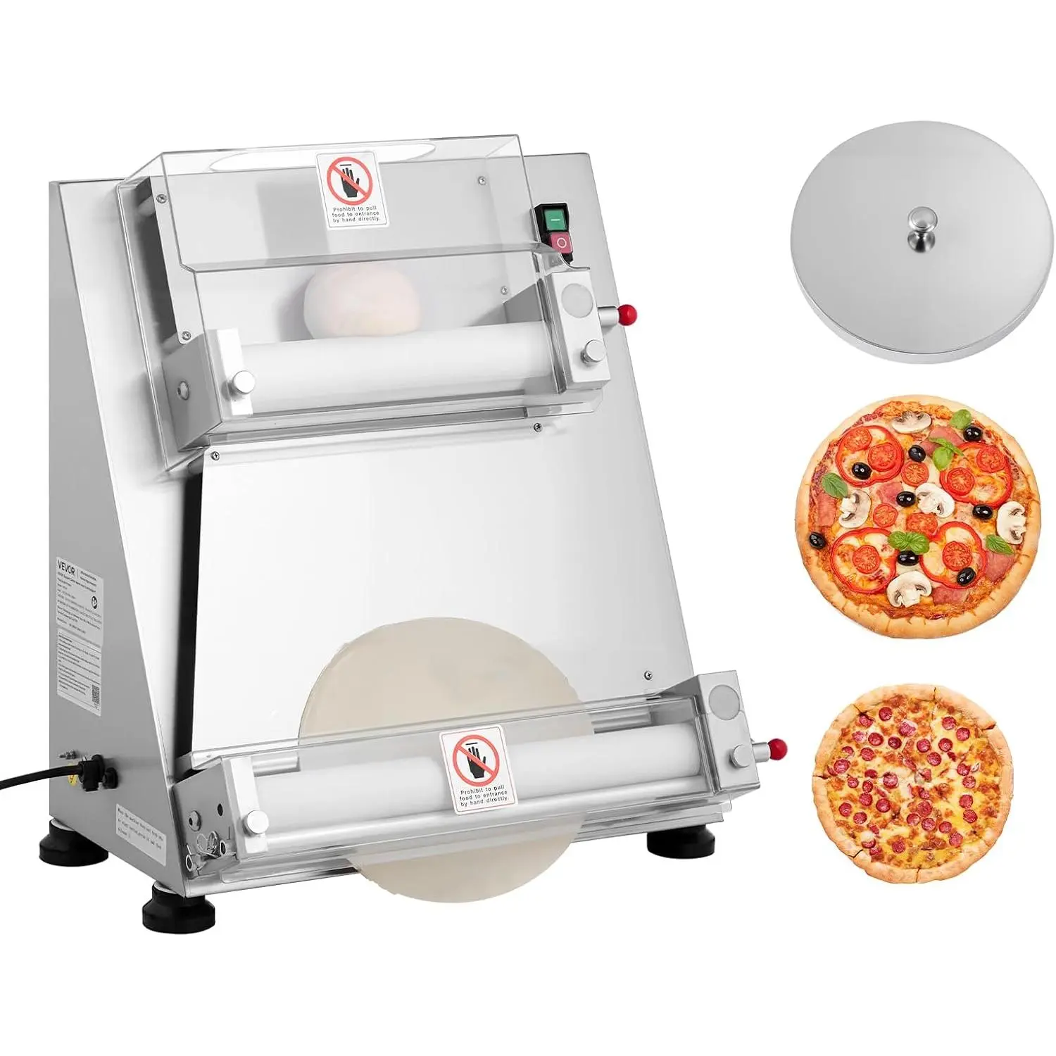 VEVOR Semi-Automatic Stainless Steel Pizza Dough Roller Sheeter, 3-16 in Commercial Electric 390W Machine, 260 Pcs/Hour, Adjustable Thickness, with Dough Press Lid & Pasta Making Function, 3-16 Inch, Commercial Use