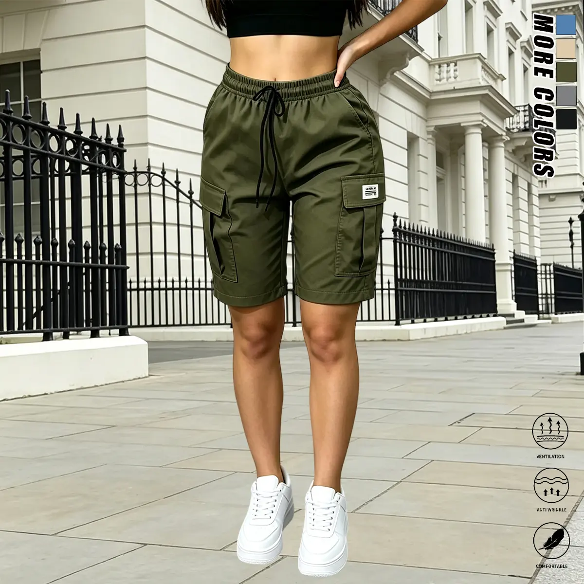 Women’s lightweight quick-dry cargo shorts — loose fit, multi pockets, mid-length; suitable for spring, summer, and autumn; can be worn as outdoor casual wear; includes practical pockets; machine washable; ideal for everyday wear.