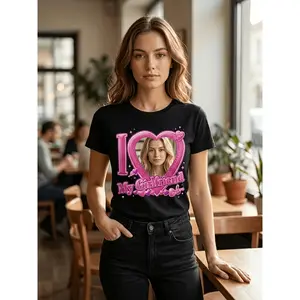 Custom Photo Print White T-Shirt for Men Women Personalized I Love My Girlfriend Heart Graphic Tee Casual Short Sleeve Crewneck Top DIY Picture Summer Apparel Couple Matching Clothes Gift Valentine'S