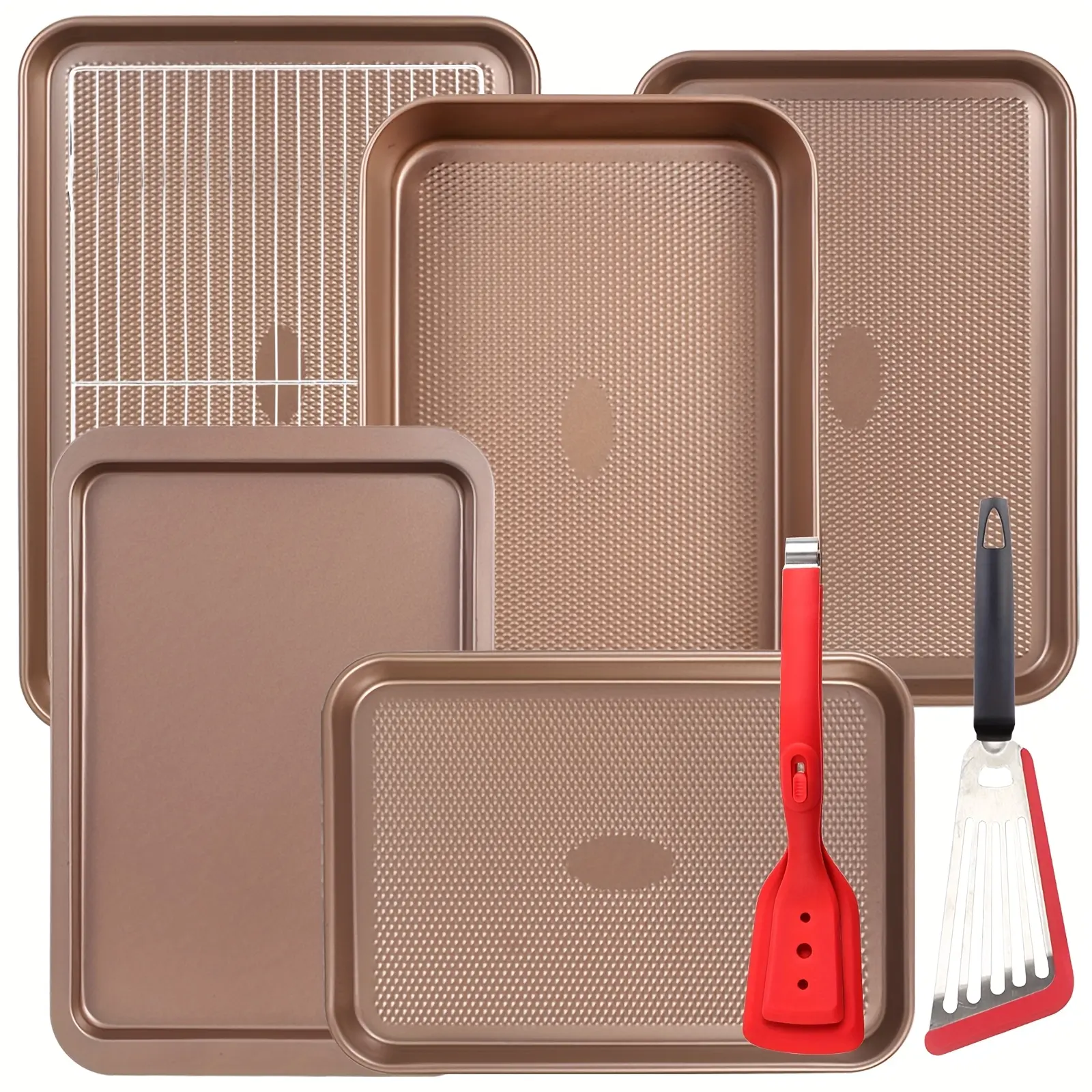 8-Piece Food Grade Non-Stick Stackable Kitchenware Bakeware Set - Diamond Texture, Gold Finish, Baking Pan Rack, Deep Cake Pan, Muffin Tin for Home, Holiday Baking Supplies