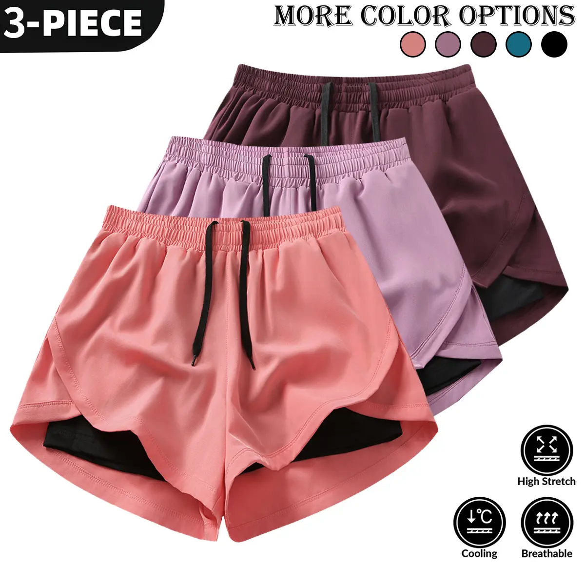 Women’s Summer Shorts 3-Piece Set — Fashionable, versatile outdoor casual athletic shorts with a faux two-piece design