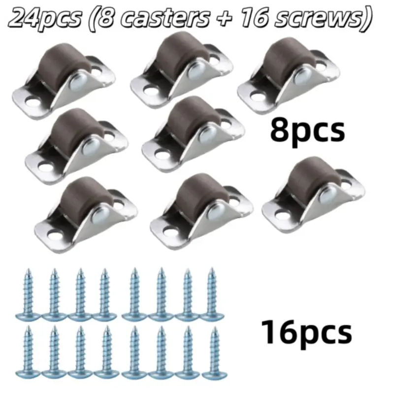 8 Mini Swivel Casters + 16 Screws, Small Moving Wheels, Ideal for Cabinets, Drawers, Bed Frames, Furniture, Hardware