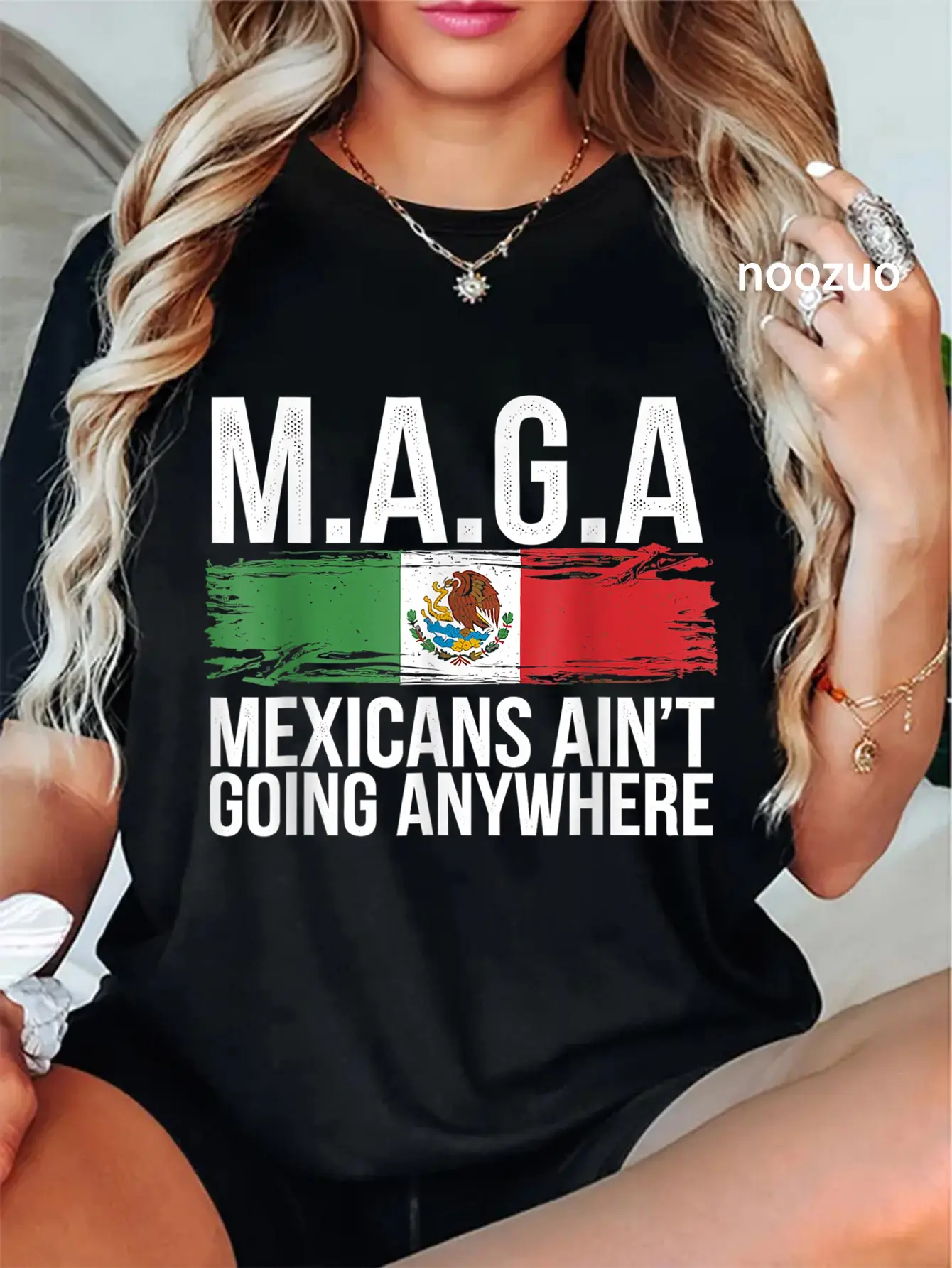 Women's Graphic T-Shirt with 'MAGA Mexicans Ain't Going Anywhere' Print, Vintage 100% Cotton Casual Fit Top, Everyday Streetwear for Ladies, Lady, Tshirt, Funny Slogan, Graphic Print, Shortsleeve, Digital Print