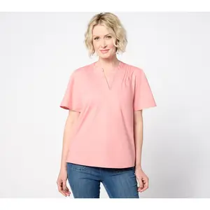 Denim & Co. Poplin Short Sleeve Blouse w/ Pintucks