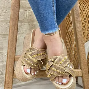 Chloe Colombian - Gold Studded Espadrille Wedge Sandals Crisscross Straps Platform Sole for Women's Summer Fashion