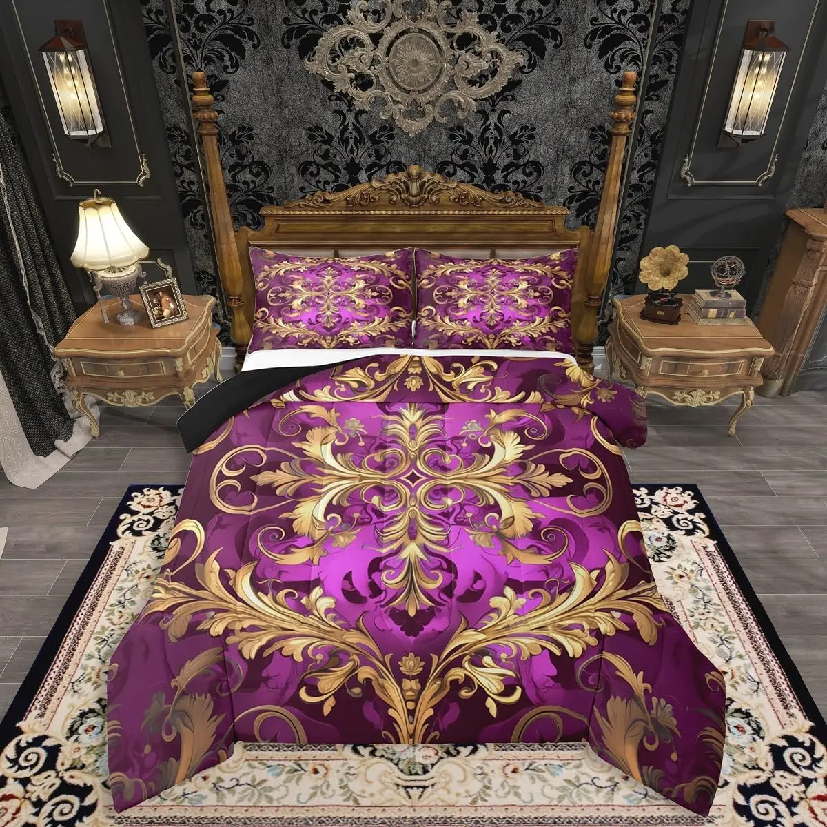 Feelyou Golden Damask Print Polyester Fiber Bedroom Bedding Set - Multi-Size, Breathable Vintage Floral, Exotic Soft Boho Hippie Aztec Paisley Quilt, Victorian Baroque Luxury Decor, Travel-Ready Duvet Set, Decorative Bedding Set