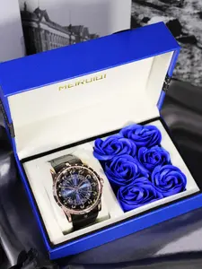 Men's Business Round Dial Quartz High End Watch, with Flower Gift Box, Fashion Analog Watch for Party, Daily Decor, Trendy All-match & Exquisite Watch for Birthday Gift