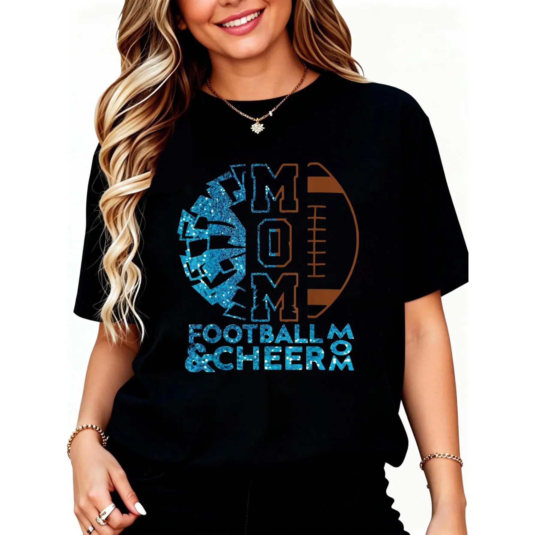 Cheer Football Cheerleading Mom of Both Messy Bun Bleached T-Shirt Unisex Cotton Clothing Streetwear