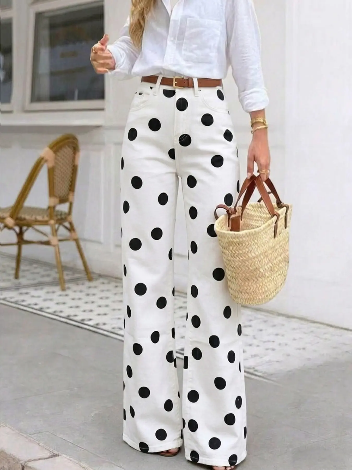 Women's Stretch Polka Dot Jeans, Wide Leg Pants, Casual Fitted Style, All Seasons Wear, Plain Pattern, Comfortable & Stylish, Womenswear