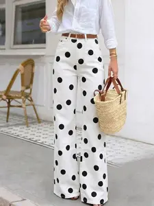 Women's Stretch Polka Dot Jeans, Wide Leg Pants, Casual Fitted Style, All Seasons Wear, Plain Pattern, Comfortable & Stylish, Womenswear