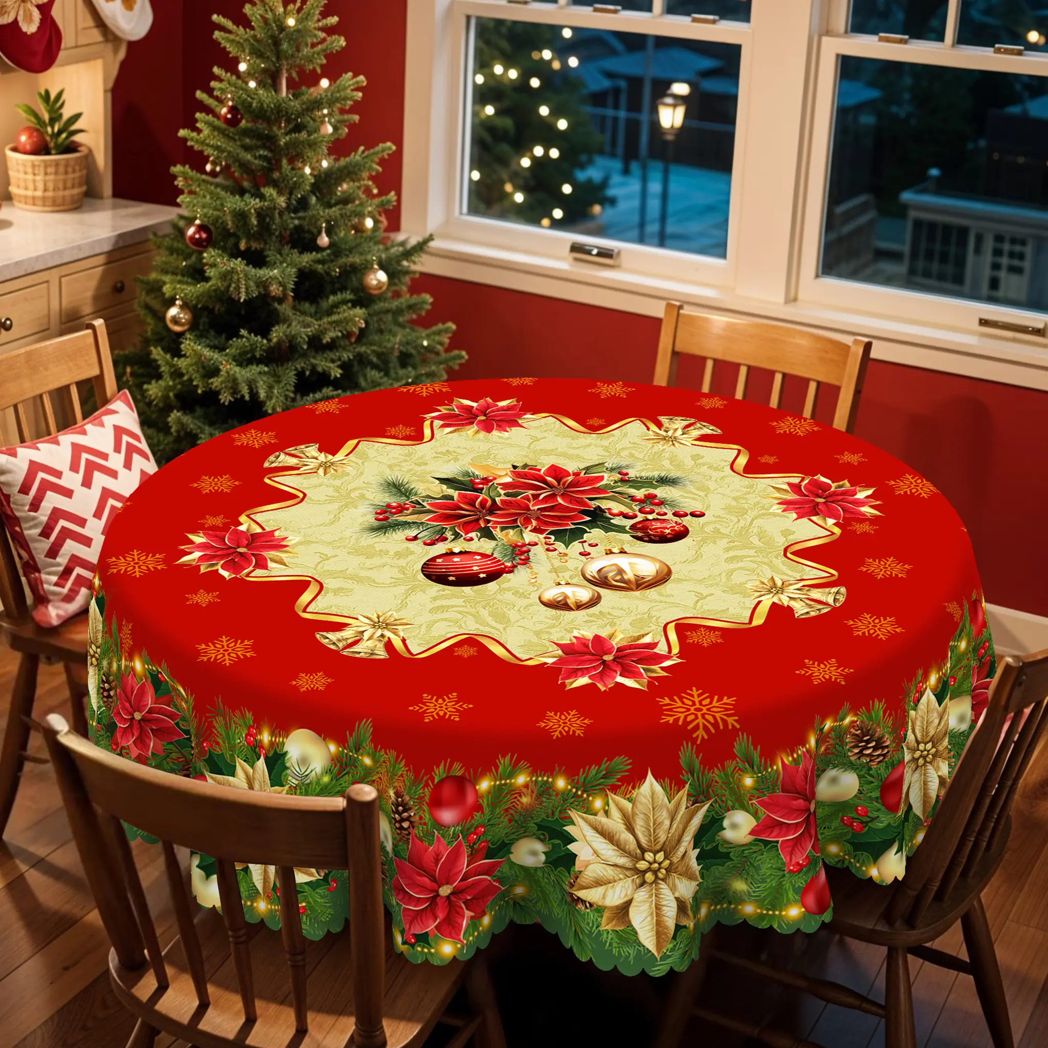 PLUMLIK Christmas Tablecloth,  Red Round Rectangle Table Decor, Floral And Christmas Poinsettia Pattern , Polyester Waterproof Tablecloth, Christmas Party Decoration For Dining Room Holiday Party, Kitchen Home