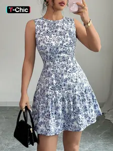 Women's Floral Print Mini Dress, Crew Neck, Sleeveless, Invisible Back Zipper Closure, Waist Cinched, Ruffled Flared Hem, Casual Daily, Date & Light Commute Wear, Smooth Drapey Breathable Woven Fabric, Wrinkle-resistant, French Fresh Elegant Style
