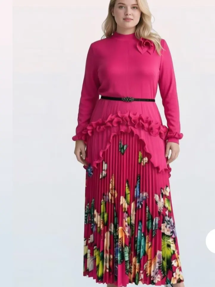 Women's 2-Piece Bohemian Miyake Pleated Suit Set - Crew Neck Stylish Top, Long Skirt, Statement Embroidered Tassel Details, Modest Clothes Dress with Quality Fabric, All Seasons