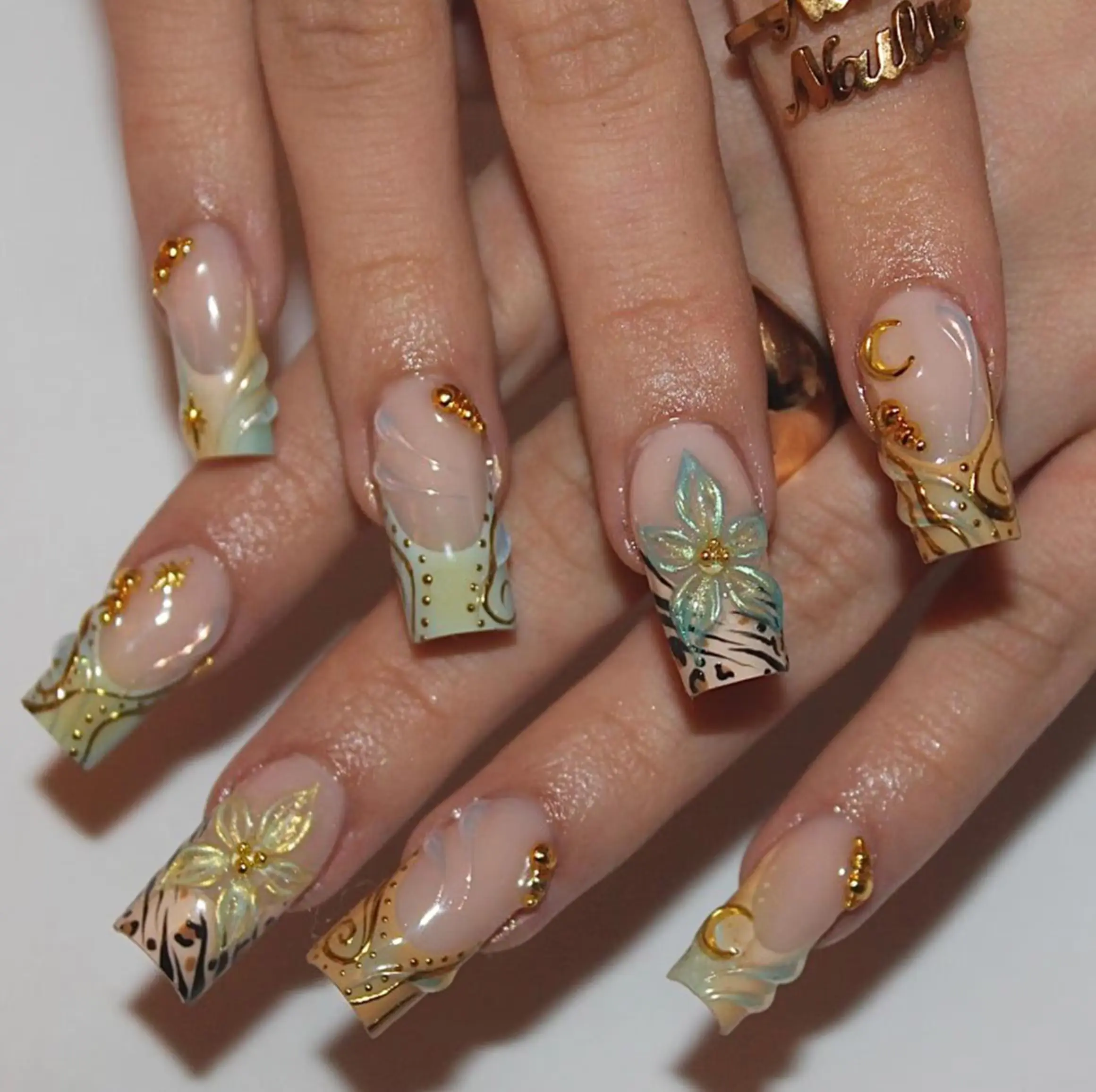 Handmade Elegant Mint Bloom Press On Nails | 3D Floral Art, Gold Baroque Swirls & Soft Zebra Accents | Long Square Nails For Luxe Vintage