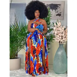 Plus Size Boho Goddess Maxi Dress - Vibrant Tropical Print - Flattering Crisscross Halter Neckline - Flowy Slit Hem - Medium Stretch for Comfort - Women’s Plus Size Formal Wear — Mother of the Bride/Bride Dress