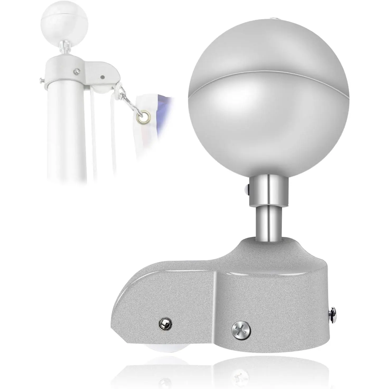 Silver Aluminum Flagpole Top Replacement Kit - Ball Top Ornament, 2" Flagpole Truck with Nylon Pulley, Fits 1.6"-2" Diameter US Flag Poles (3" Silver Ball)