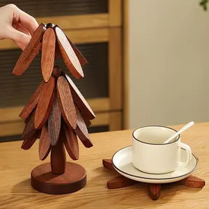 Wooden Tripod Stand Set for Hot Dishes, Tree-Shaped Foldable Heat Pad Holder, Restaurant Use, Includes 4 Wooden Stands and 1 Support, Wooden Coasters