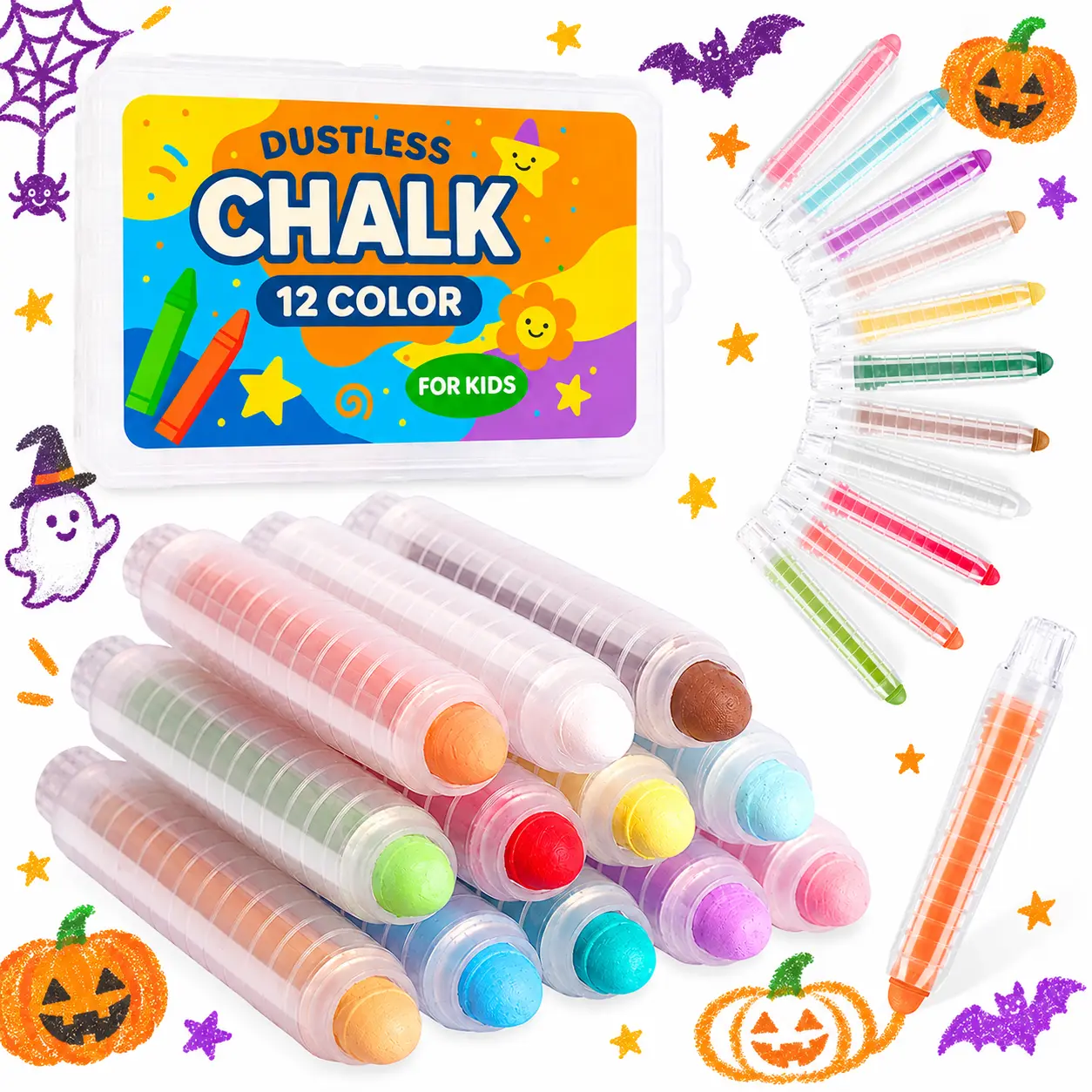 12-Color Dustless DIY Chalk Painting Set for Toddlers - Washable Unisex Grip Chalk, Safe Animal-Themed Design, Portable Storage Box, Classroom Supplies, Mess-Free for Chalkboards & Papers, Boosts Creativity, Easter Baskets Insert