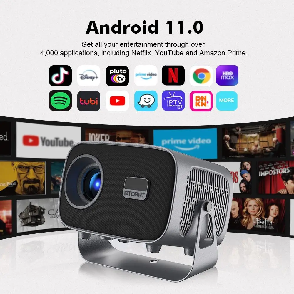 Mini Projector with WiFi/Bluetooth, Electric Focus & Vertical Keystone, 1080P HD Support, Built-in Streaming Apps, Portable Home Movie Projector with HD Projection
