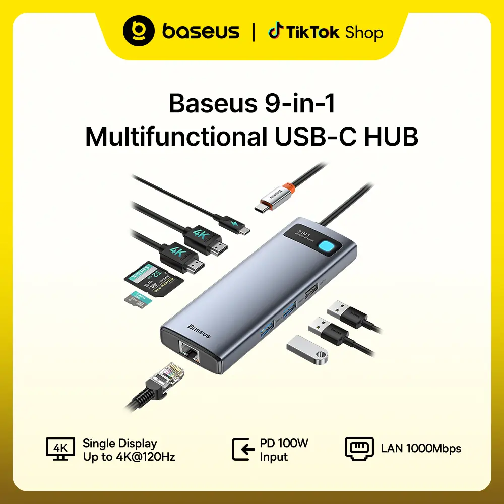 Baseus 9-in-1 USB-C Hub Laptop Docking Station with Dual Monitor Support, 2 HDMI (Up to 4K@120Hz), 1Gbps LAN, 85W Max Power Delivery, 3 USB Ports, SD Card Reader, Mirror Mode for Windows/Mac Laptops