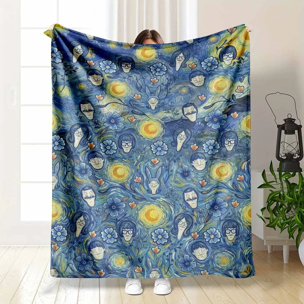 Soft Flannel Fleece Artwork Blanket, Bob's Burgers Belcher Family Starry Night Van Gogh Art Parody Print Throw, Gift for TV Show Fans & Art Enthusiasts, Artwork Blankets
