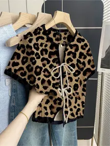 Bohemian casual vacation style loose round neck contrast leopard print short sleeve knit top, front tie design, contrast piping, khaki, women's spring summer casual top