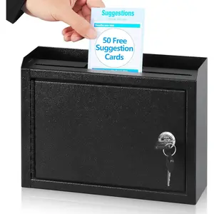 Suggestion Box with Lock and Slot, Small Locking Mailbox for Office, Wall Mount Safe Money/Key Drop Box with 50 Free Suggestion Cards, 9.8" W x 3" D x 7" H, Black