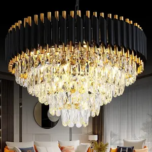Modern Black & Gold Crystal Chandelier, Dimmable 5-Tier Round K9 Crystal Chandelier for Kitchen Island/Living Room/Bedroom