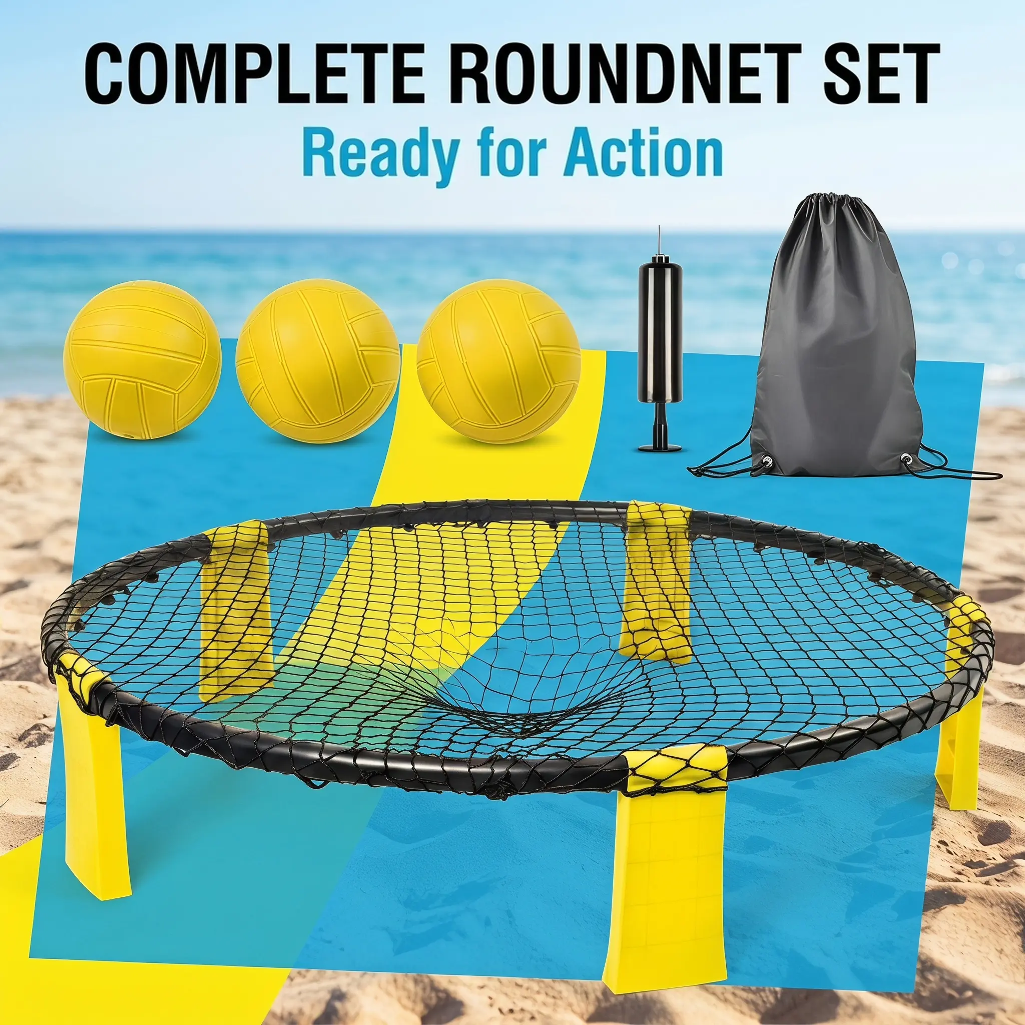 Portable Roundnet Game Set | Yellow Black Outdoor Volleyball Net Kit for Beach, Backyard & Park