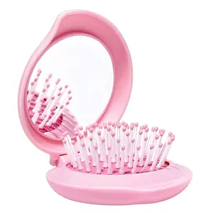 Mini Folding Hair Brush with Mirror – Portable Pocket Hairbrush & Compact Makeup Mirror for Women and Girls, Travel Size Detangling Brush with Air Cushion Bristles for Purse, School & On-The-Go Styling