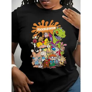 Nickelodeon Cartoon Character Print T-Shirt for Women – Casual Crew Neck Short Sleeve Tee with Medium Stretch Fabric – Polyester 95%, Spandex 5% – Comfortable All-Season Top