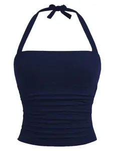 Youthful and elegant solid-color off-shoulder back-strap top, versatile for teenagers, perfect for home, travel, and vacation wear