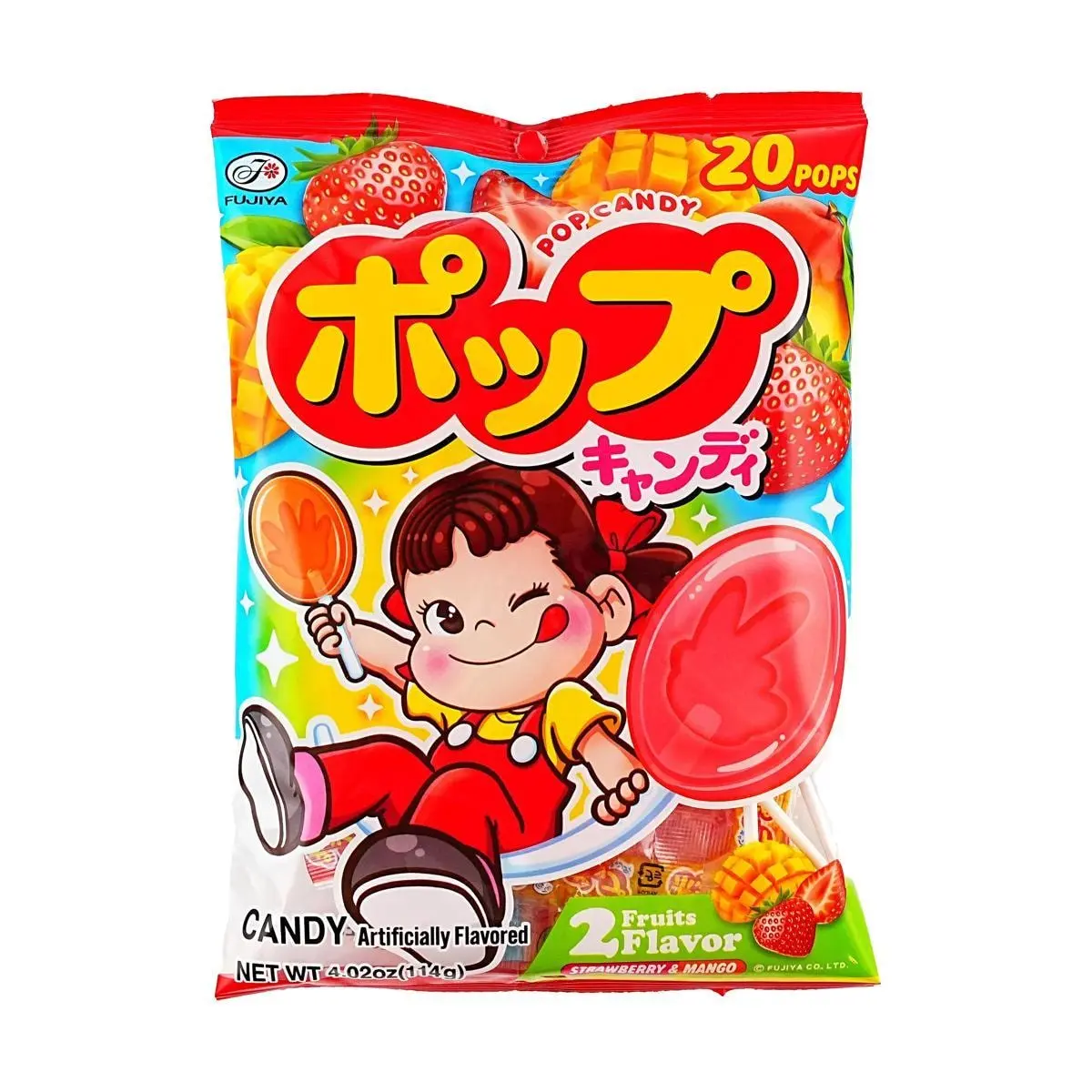 FUJIYA Japanese Strawberry & Mango Flavored Lollipops - 20 Count (114g) - Fun Fruity Candy Snacks for Kids & Adults FUJIYA Japanese Strawberry & Mango Flavored Lollipops - 20 Count (114g) - Fun Fruity Candy Snacks for Kids & Adults