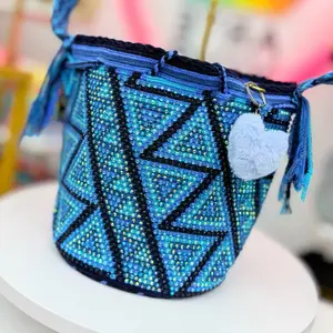 Blue Rhinestone Wayuu Bucket Bag | Handmade Crochet Crossbody Purse | Sparkly Boho Statement Bag