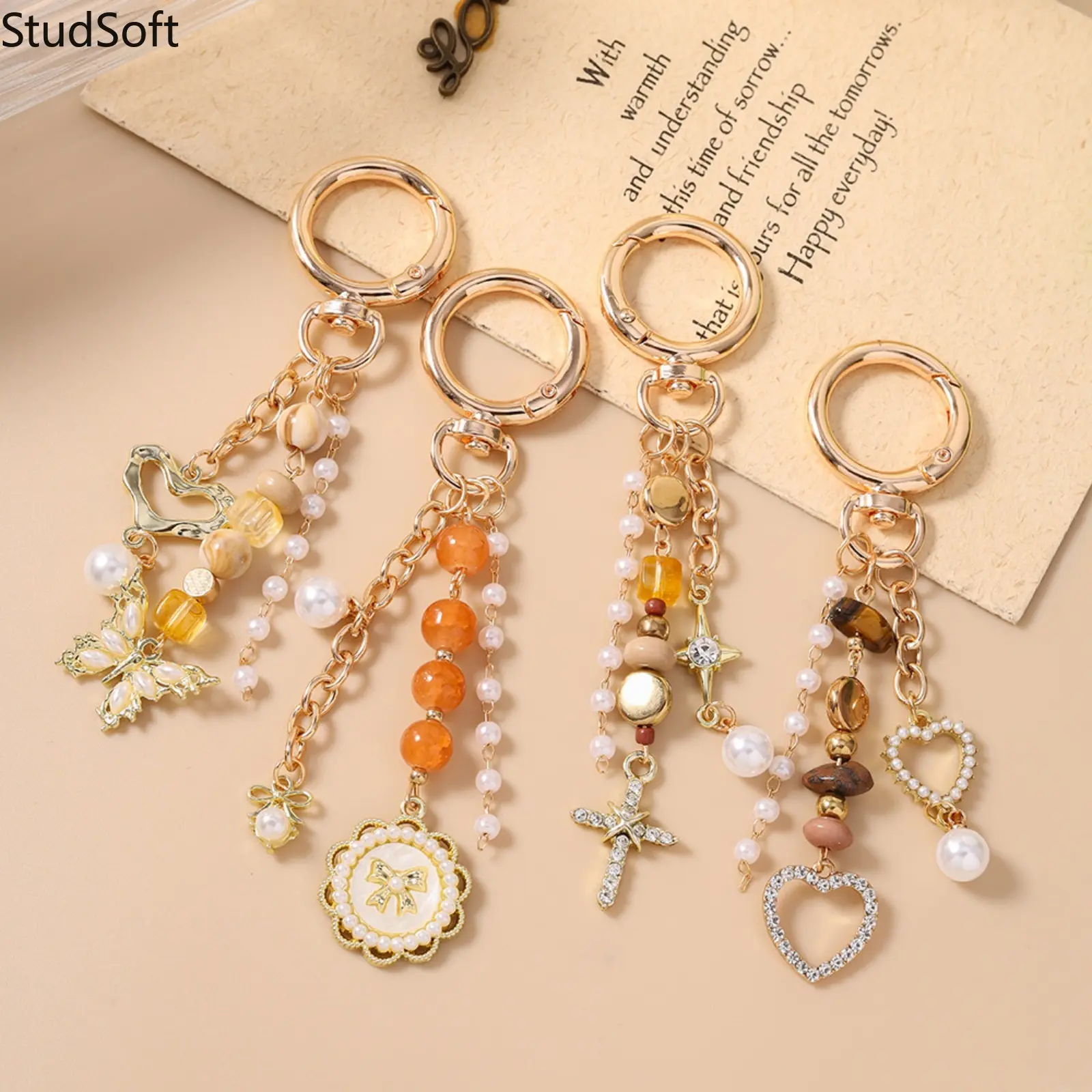 Beaded Wristband Keychain for Women, Funky Purse & Bag Charm with Butterfly, Heart, Cross, and Disc Pendants, Funky Unique Accessories, Cross Heart Disc, Multi-Pendant, Love, Whimsy, Charmful