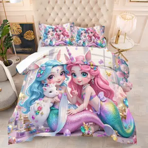 Little Mermaid and Unicorn Quilt Set,Shell Pearl Print Design,Comfortable Bedding Set,Suitable for Girls' Bedroom Decoration,Includes 1 Quilt and 1 or 2 Pillowcases Without Core