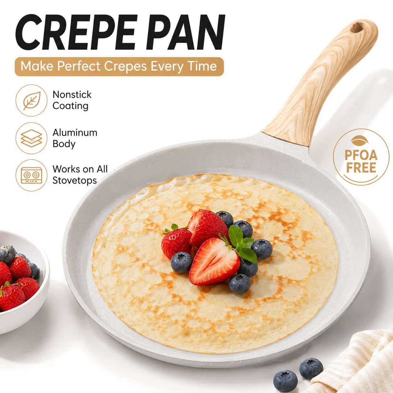 PFOA-Free Ceramic Crepe Pan with Batter Spreader | Nonstick Crepe & Egg Pan for Induction, Gas & Electric Stovetops (White)