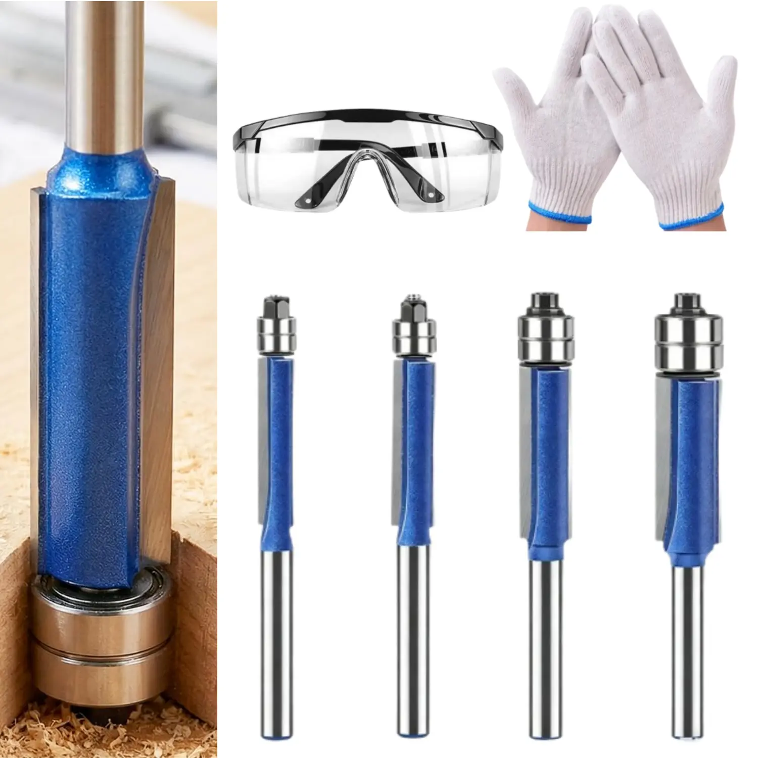 4Pcs Professional Straight Flush Trim Router Bits 1/4 Inch Shank With Gloves and Goggles, Top Bearing Flush Trim Router Bit Set,With Cutting Diameters of 1/4, 5/16, 3/8, and 1/2inch - Home Improvement.