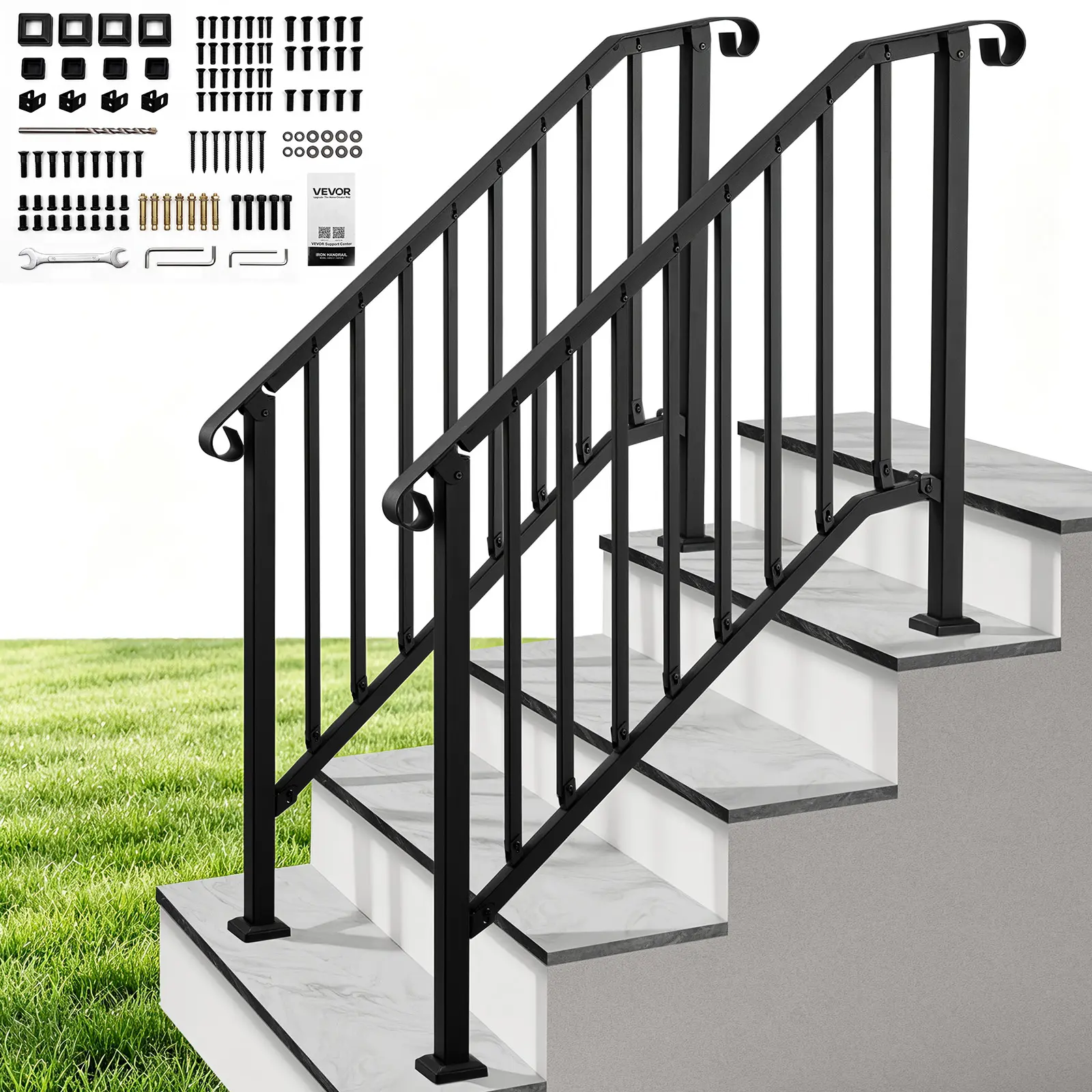 VEVOR Outdoor Step Handrails, 2-Pack Heavy-Duty Steel Rail Kit Fits 3-4 Steps, Black Retro Arch Design for Seniors, Concrete Surfaces, Porch & Deck, W/ Installation Kit