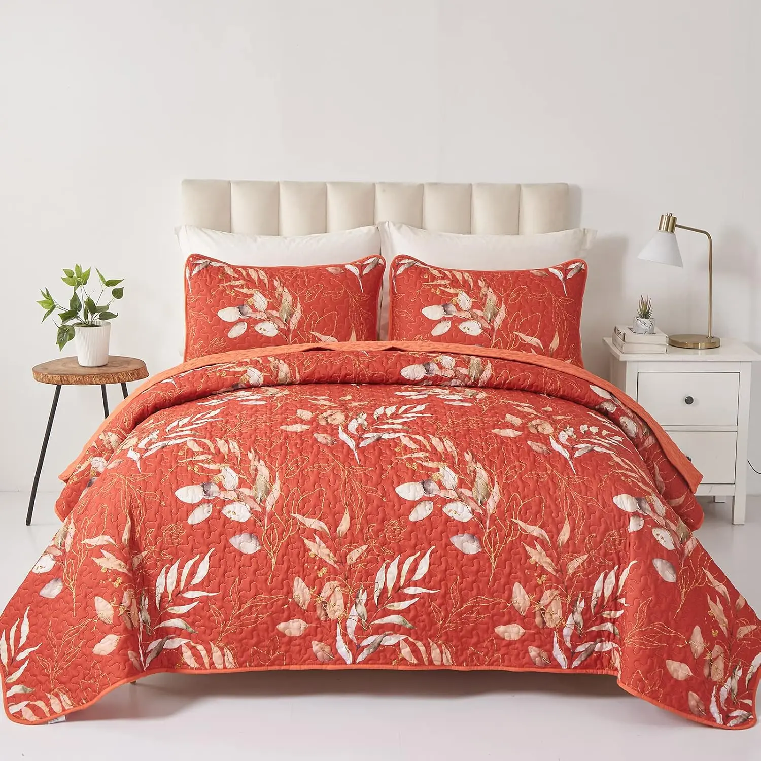 Burnt Orange Quilt Sets Queen Size,3 Floral Queen Quilt Terracotta Leaf Quilt Bedspread Queen Size for-(96"x90")