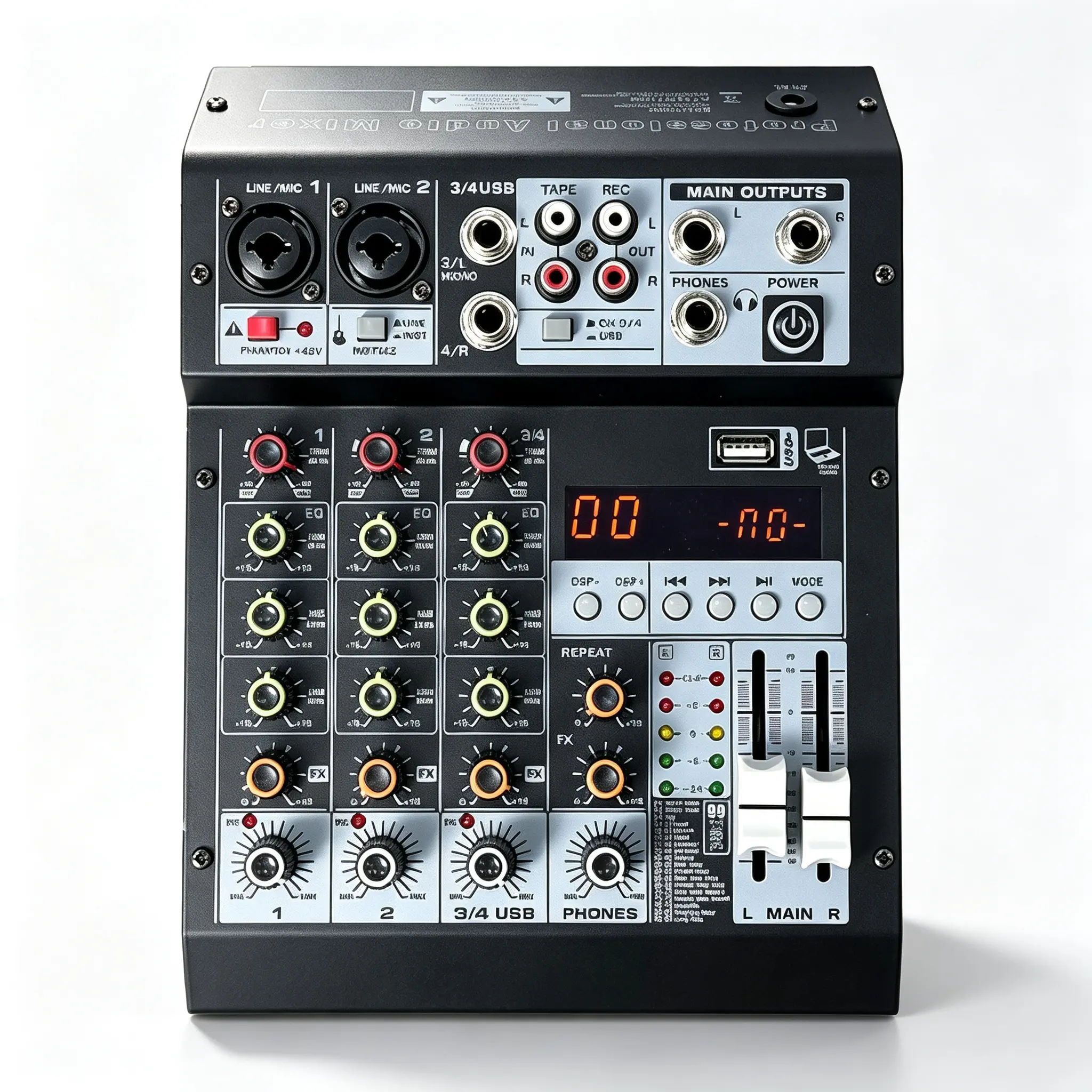 4-Channel Professional Audio Mixer with 99 DSP Effects, 48V Phantom Power, USB Audio Interface, 3-Band EQ Portable Sound Mixing Console for Live Streaming Podcast Karaoke