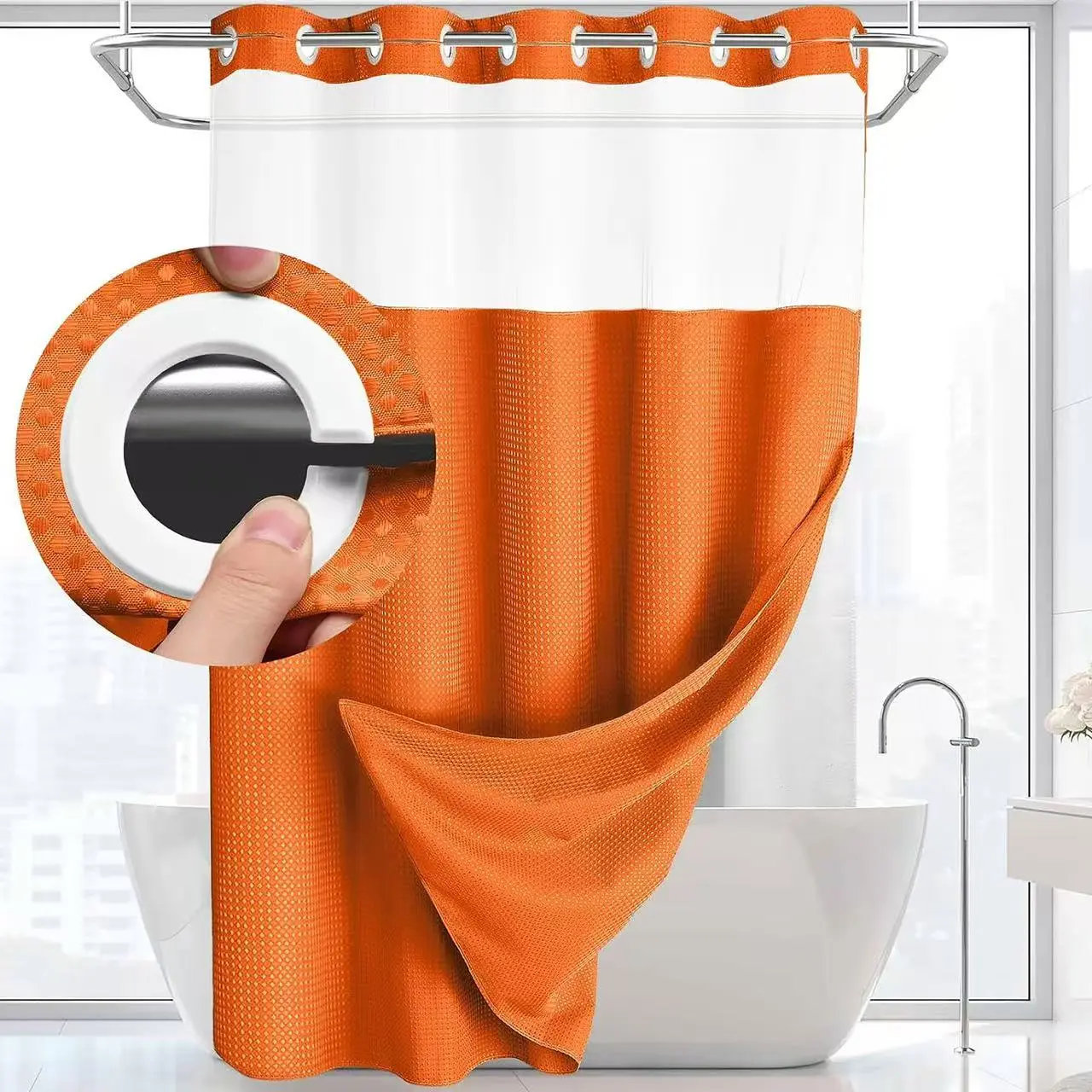 Premium Straight Polyester Shower Curtain Set, 72" (W) x 75" No-Hook Washable Waffle Weave, Heavy-Duty Double Layer with Snap-In Detachable Waterproof Liner & Mesh Window, Modern Bathroom Accessory for Hotel, Household