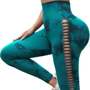 Women's Tie Dye Yoga Pants with Cutout Side Design, High Waist Seamless Workout Leggings, Butt Lifting Tummy Control Fitness Pants