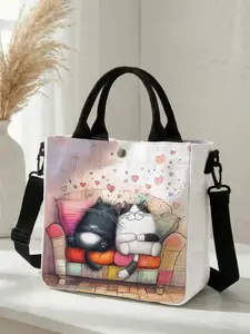 1 piece of 2D printed fashion crossbody bag with snuggling cat pattern, adjustable shoulder strap + snap closure Crossbody Shoulder Handbag | Students/Office workers/Out and about | A street-ready essential that combines style and practicality