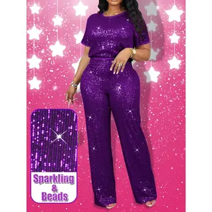 2pcs Sequin Short Sleeved Casual T-Shirt And Straight Pant Set For Women