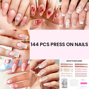 6 Packs (144 Pcs) | Reusable Press on Nails | Stick on Nails 12 Sizes-6 Styles | Pink themed bow