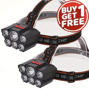 Buy 1 Get 1 Free, Total Of 2pcs Multifunctional 5LED Headlight Head Mounted Flashlight Outdoor USB Charging Fishing Headlight Strong Bald Head Light 4-Mode Headlight Flashlight, Used For Outdoor Running, Hunting, Hiking, Camping