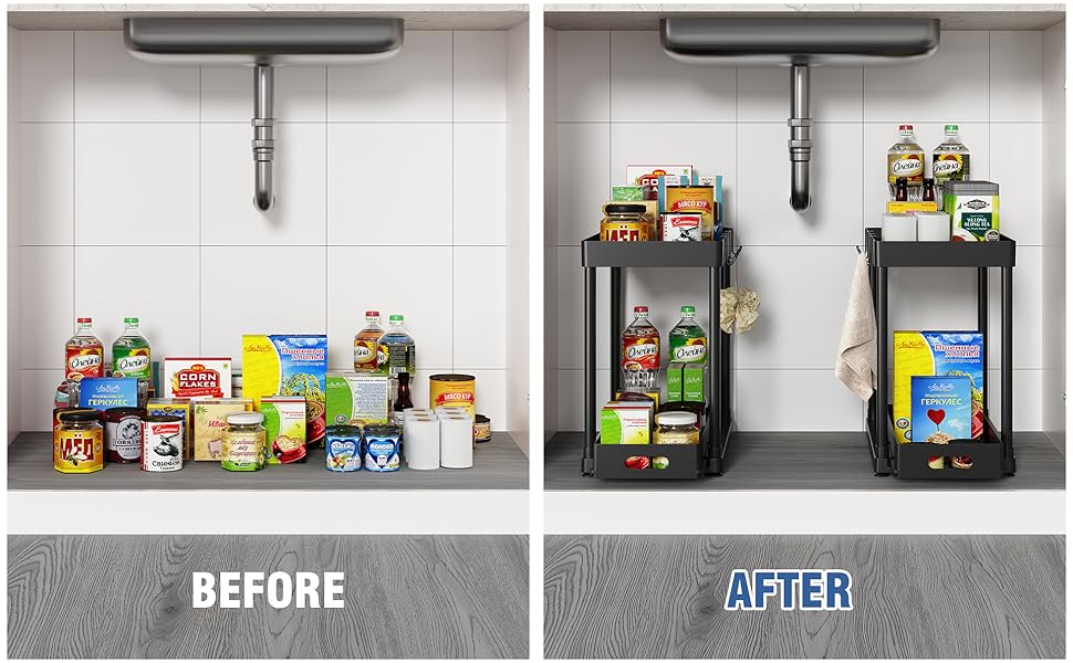 2 Pack Pull-Out Storage Organizers, Under Sink Organizer and Storage for Bathroom & Kitchen,Multi-Purpose Under Cabinet Organizers and storage Black