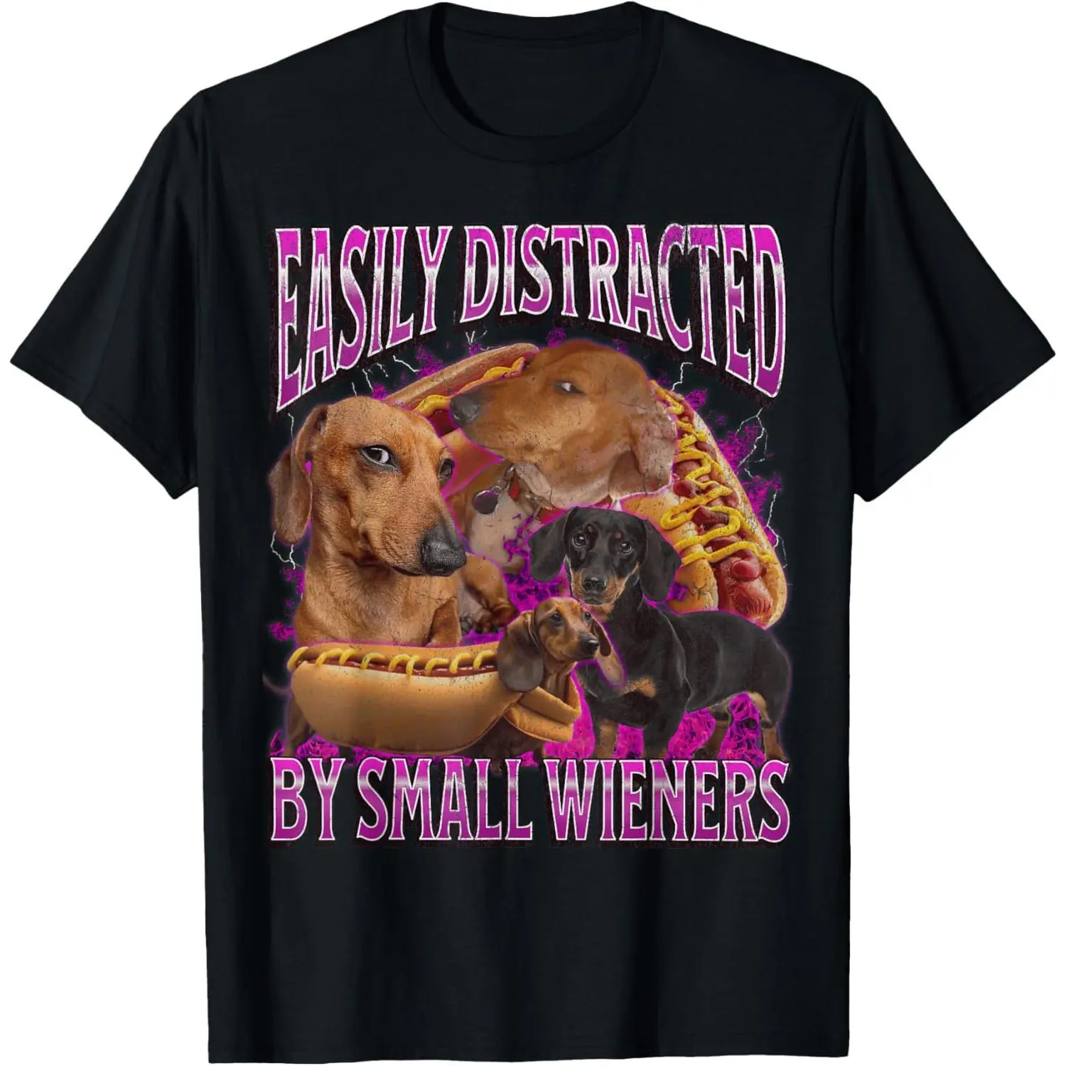 Men's Casual Cotton Short-Sleeve Funny Graphic Tee - Dachshund Print, "Easily Distracted By Small Wieners" Slogan, Vibrant, Breathable, Soft, Streetwear, Basic Clothes, Menswear